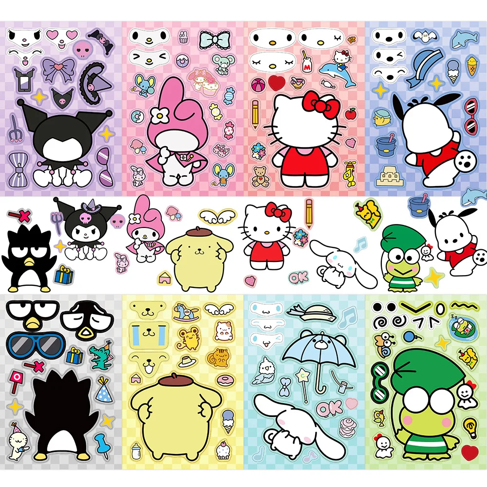 8/16 시트 어린이 Make-a-Face 퍼즐 스티커 Sanrio 헬로 키티 Kuromi 멜로디 어린이 DIY 조립 퍼즐 게임 어린이 장난감 파티