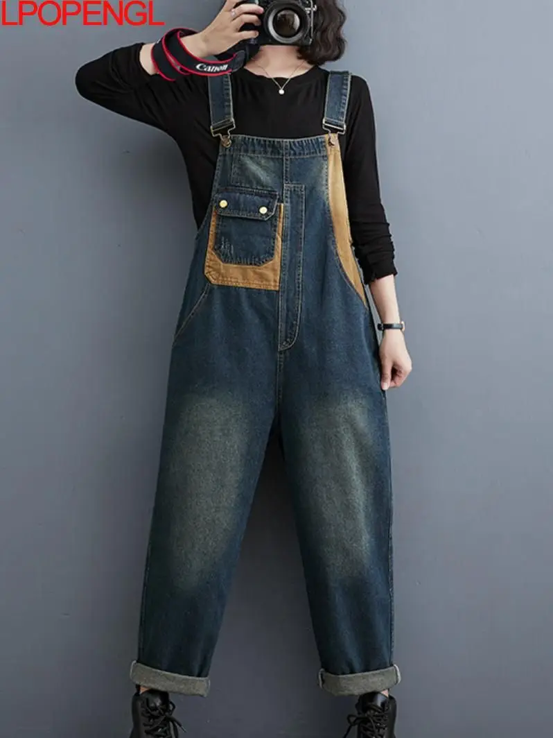 

Denim Jumpsuits For Patchwork Korean Style Overalls One Piece Outfit Women Rompers Casual Vintage Playsuits Straight Pants