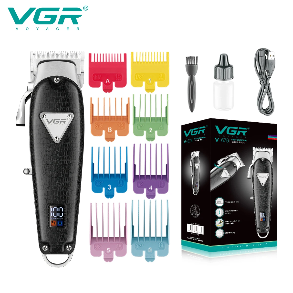 

VGR Hair Clipper Rechargeable Hair Trimmer Cordless Hair Cutting Machine Electric Barber Metal Leather Clipper for Men V-676