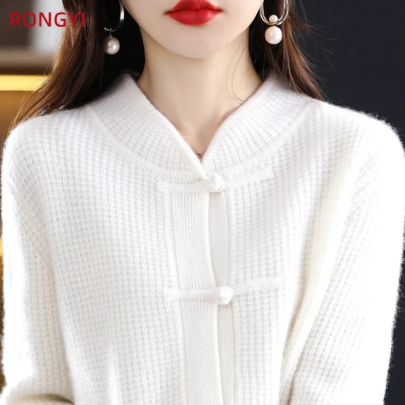RONGYI-100% 메리노 울 여성 버클 중국 스타일 캐시미어 가디건, 따뜻한 단색 재킷 상의, 가을 겨울