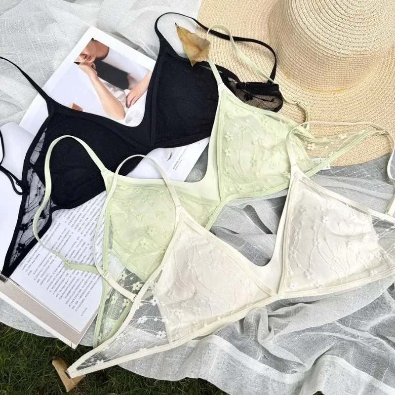 Lingerie di pizzo per l'estate da donna, sottile, busto grande, dimagrante, curva in pizzo, coppa triangolare, bella schiena, reggiseno senza cuciture - immagine 3