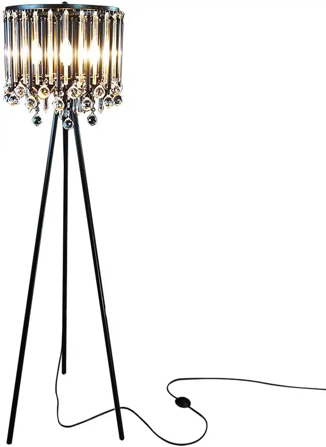 

KU300168 Unique Romance Crystal Tripod Floor Lamp Black Suitable for Bedroom,Living Room,Coffee Shop,4 Lights Gold crystal floor