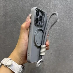Luxury Flip-Up Lens Holder Case with Fashion Nylon Wristband Lanyard for iPhone 16 Pro Max (Gray GS)