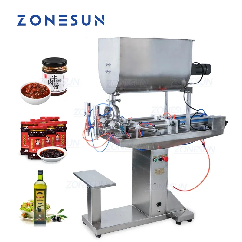 

ZONESUN 2 Head Pneumatic Tomato Chocolate Curry Paste Peanut Butter Sesame Sauce Mixing and Filling Machine Liquid Bottle Filler