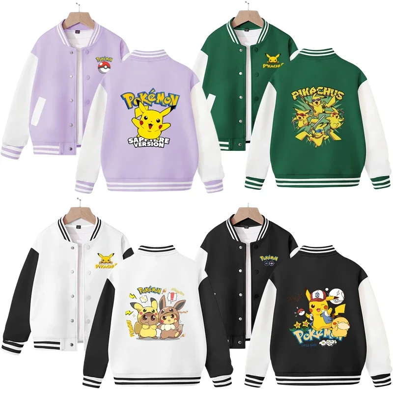 

Бейсбольная униформа в стиле аниме Pokemon Pikachu Eevee Psyduck для мальчиков и девочек, куртка, детская одежда на весну и осень, топы, спортивное пальто