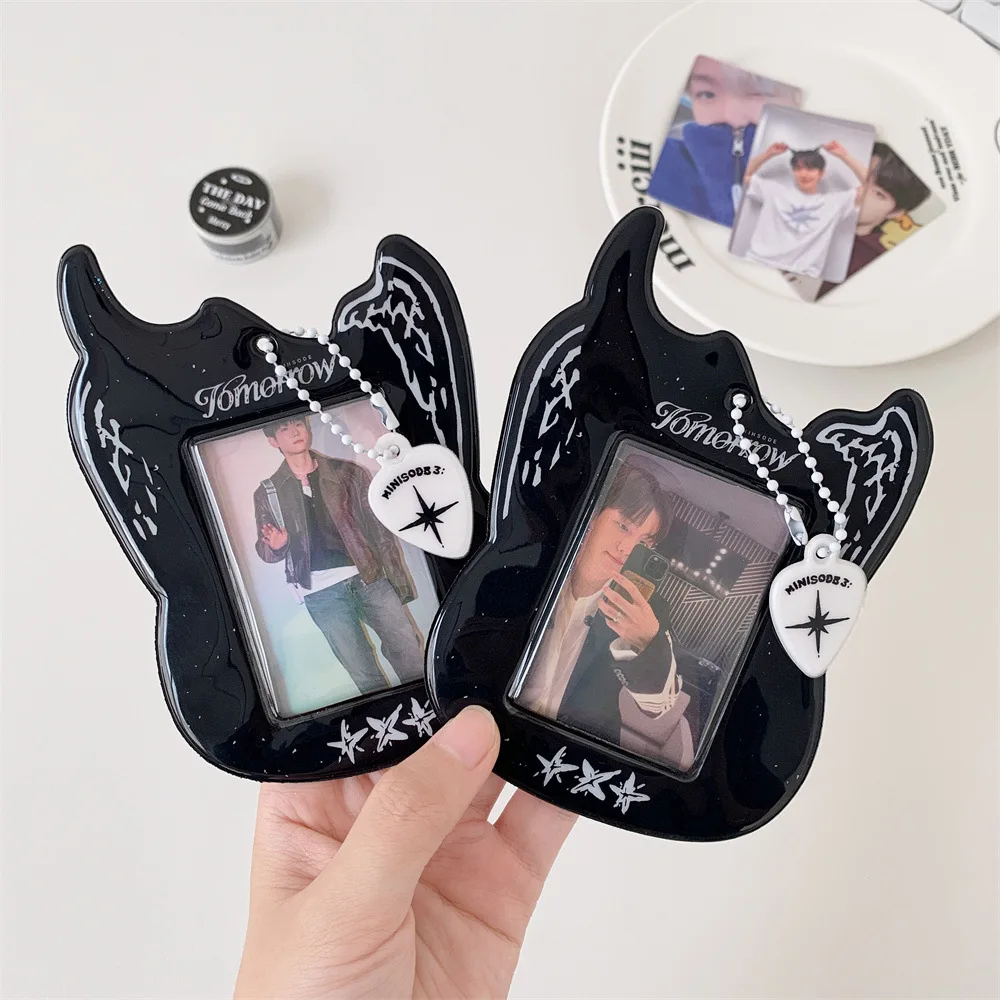 Korean Y2K Black Cool Guitar PVC Card Holder Kpop Idol 3-inch Photocard Hollow Display Pendant Bag Keychian ID Bus Card Case