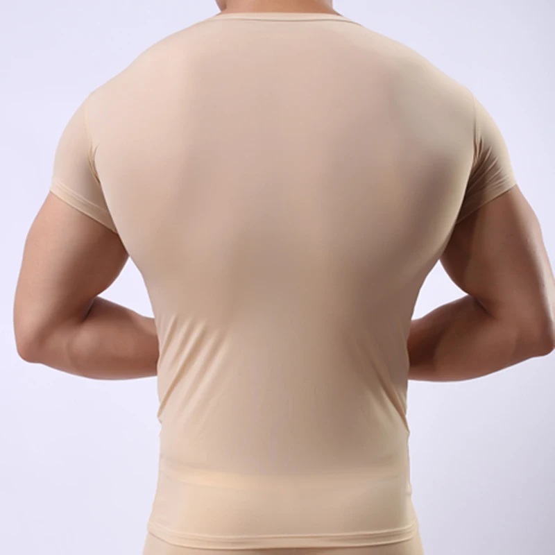 Men Undershirt See Through Underwear Gay Sexy Transparent Basic Shirts Ice Silk Ultra-thin V-neck Tops Short Sleeves