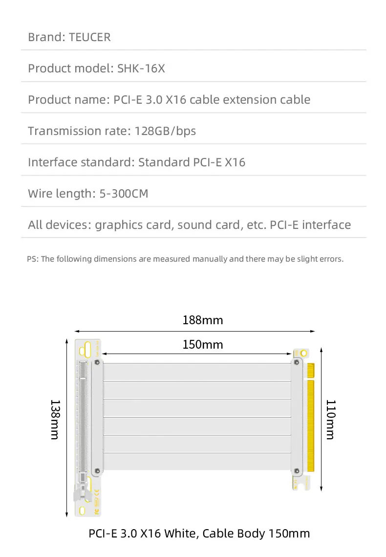 TEUCER PCIE 4.0 X16 Extension Cable PCI Graphics Card PCl-E X16 Riser Extension