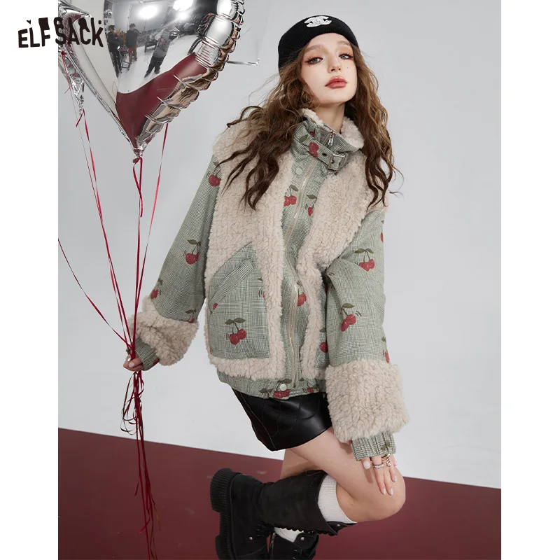 

ELFSACK Kawaii Cherry Spliced Jackets Women 2023 Winter New Korean Fashion Designer Outwears