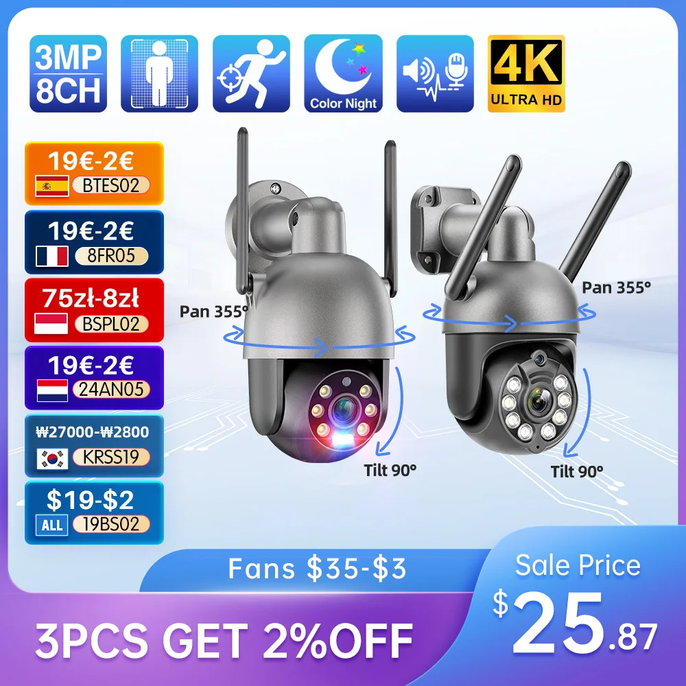 Techage 3MP 4K Wifi IP Camera Outdoor Wireless Security PTZ Camera Human Detected Two-Way Conversation AI Colorful Night Vision wifi camera ip camera surveillance camera wifi ip camera