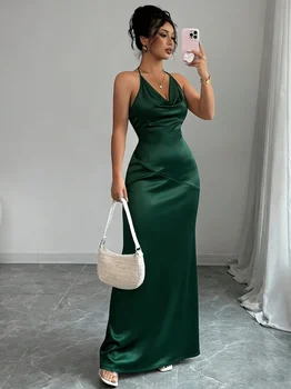Women HalterNeck CowlNeck EmeraldGreen Satin Ruched Fit Maxi Dress Elegant Party Summer Glam WeddingGuest Cocktail Stretchy Dres