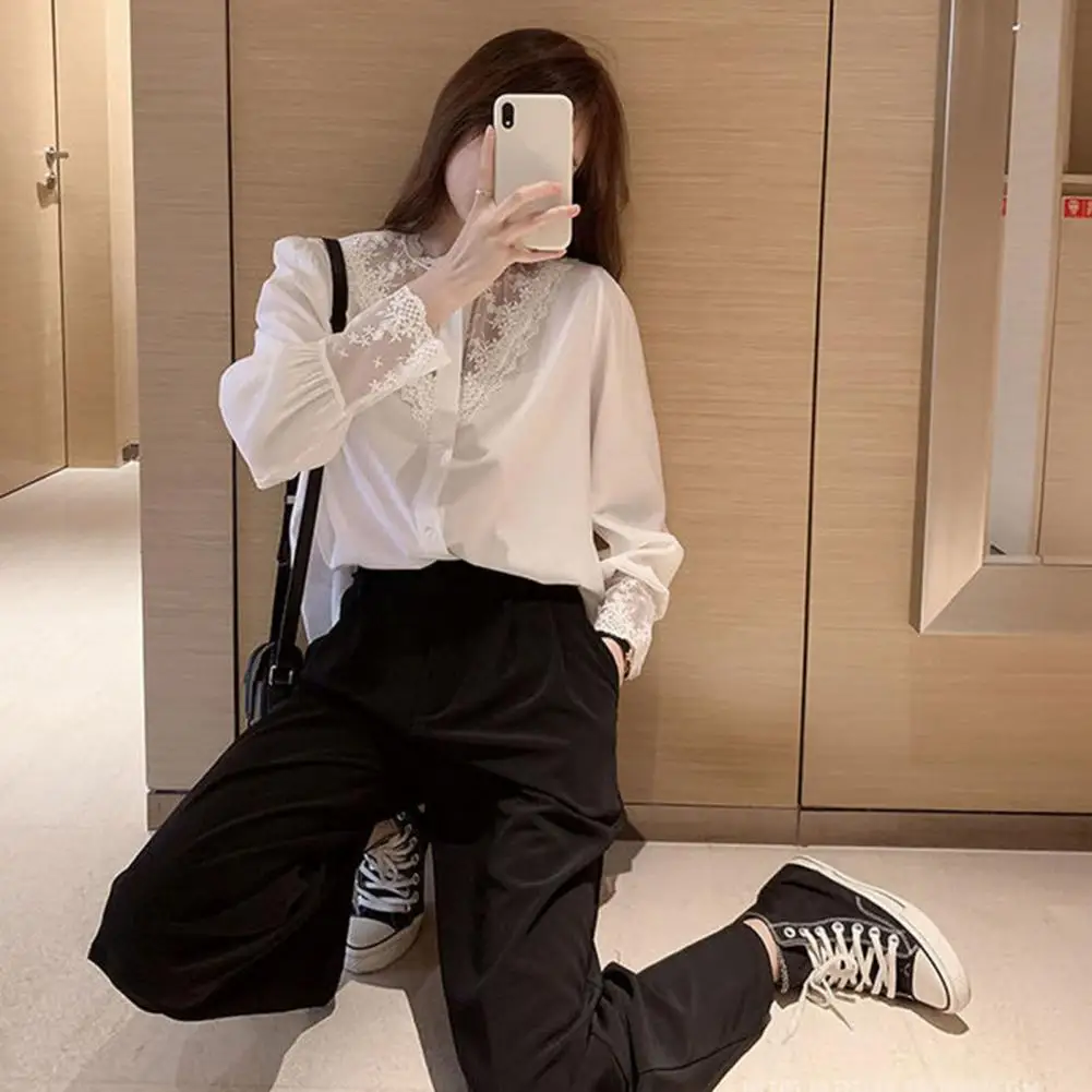 

Single-breasted Blouse Floral Embroidered Lace Patchwork Women's Shirt Elegant Stand Collar Soft Spring-fall for Ol for Women