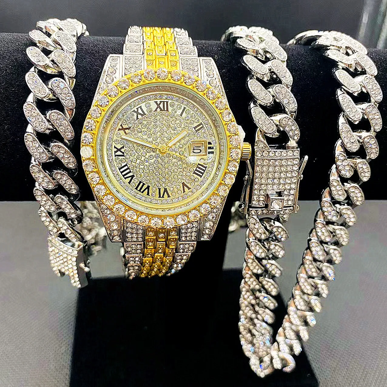 3PCS Full Iced Out Watches Men Cuban Link Chain Bracelet Necklaces Bling Bling Jewelry for Men Gold Watch Hip Hop Mens Watch Set