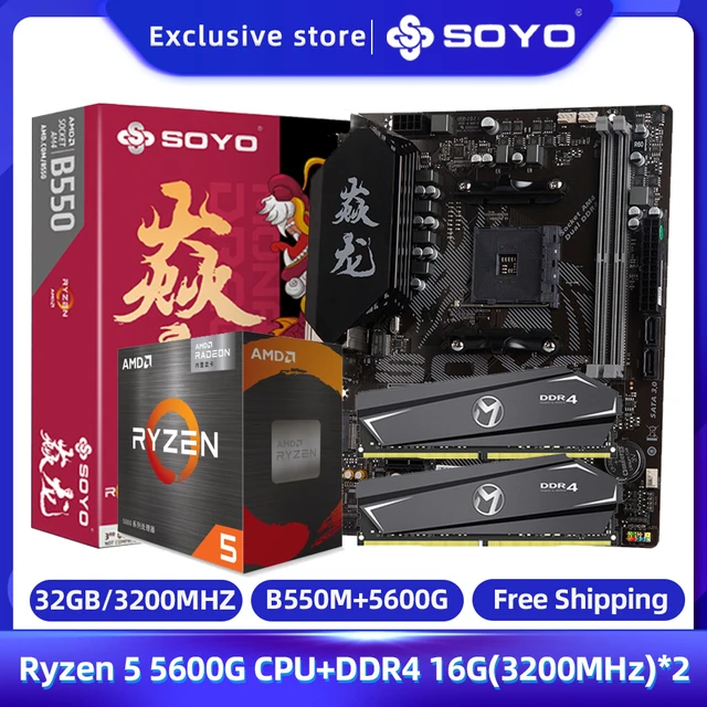 SOYO B550M AMD New Motherboard Set with Ryzen5 5600G CPU Kit& Dual-channel DDR4 16GBx2 3200MHz RAM PCIE4.0 for Computer office 1