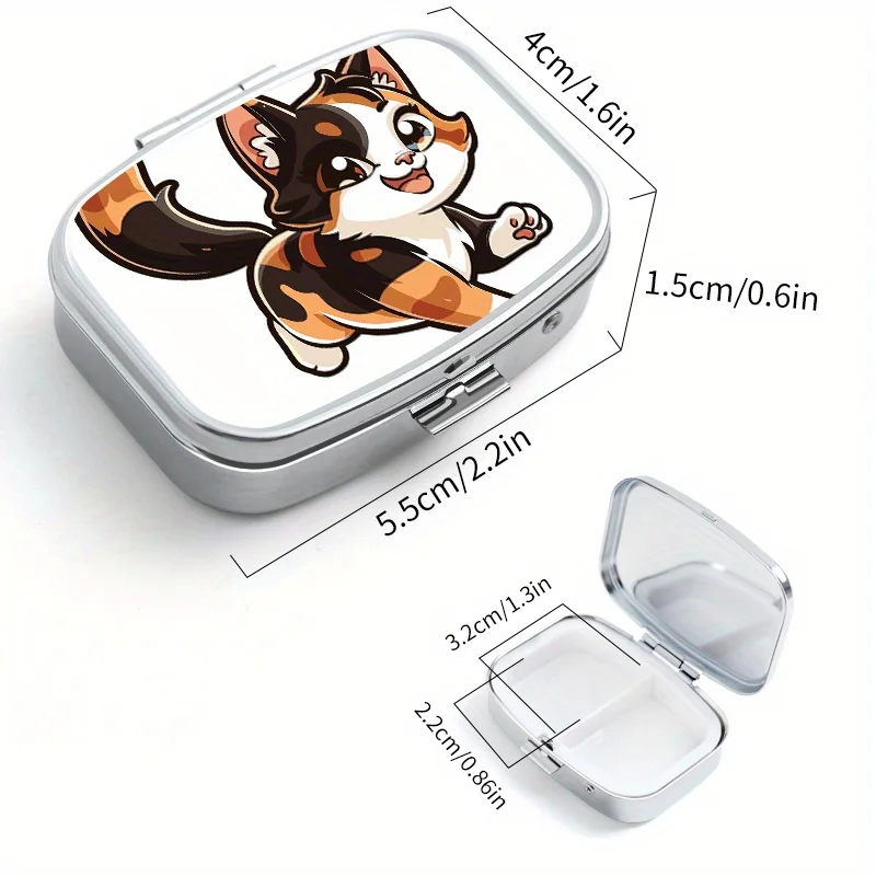 Cute Cat Pattern Metal Pill Box with 2 Compartments, Suitable for Travel, Portable Mini Pill Box for Storing Medicines, Vitamins