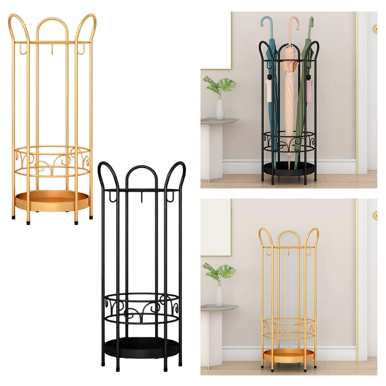 Round Umbrella Stand Rack Standing Umbrella Holder with Drip Tray and 3 Hooks 25x60cm Storage Decor for Bars Entry