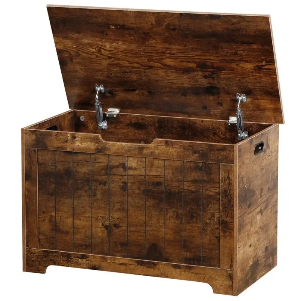 Wooden Storage Chest with Safety Hinges-30-Inch Bedroom and Entryway Storage Bench, Farmhouse Style Wooden Toy Box for Kids