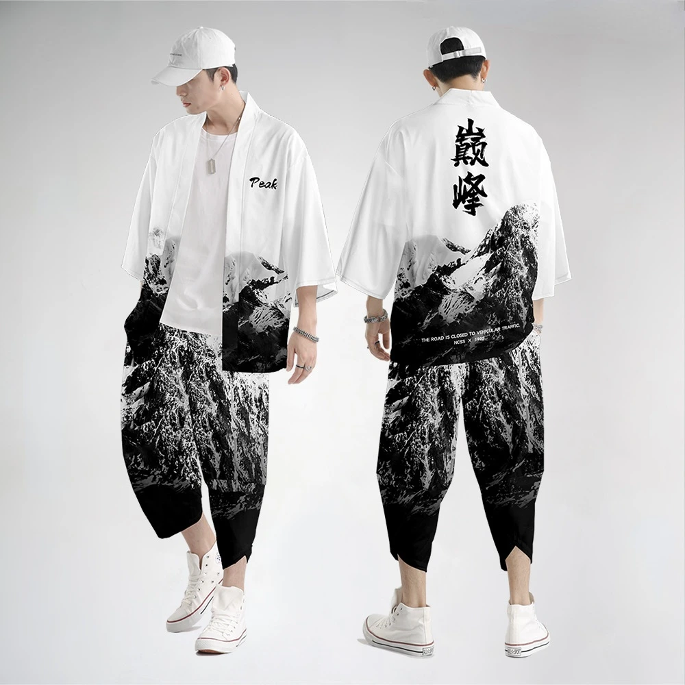 

Japanese Snow Mountain Print Kimono Cardigan Shirt Asian Streetwear Robe Kimonos Harakuju Samurai Costume Men Haori Yukata