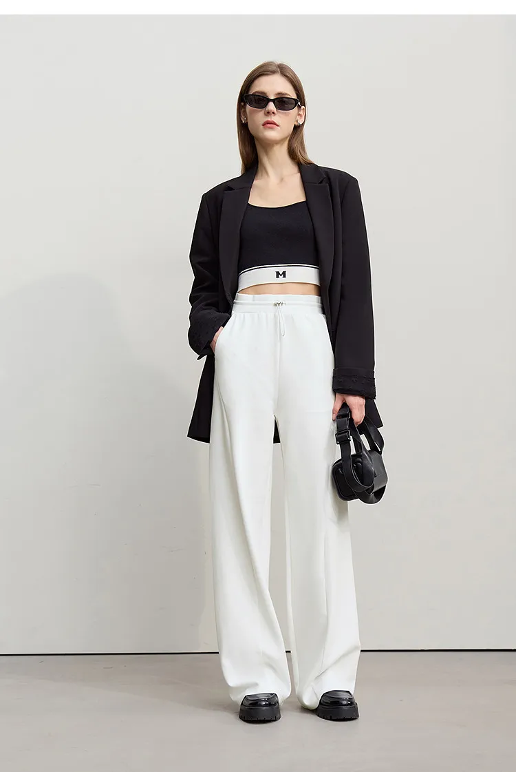 Amii Cotton Pants For Woman 2026 Autumn New Adjustable Rubber Band Waist Casual Pants Long Wide Leg Knit Women Trousers 12641040