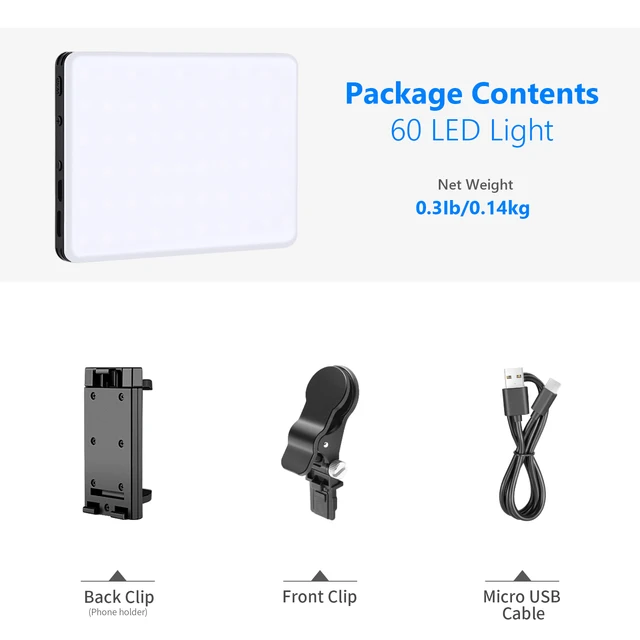 Luz NEEWER para selfies con clip frontal y trasero para teléfono, 60 LED de  alta potencia, 2000 mAh, recargable CRI 95+, 3 modos de luz, luz portátil  con clip para tableta/portátil, luz