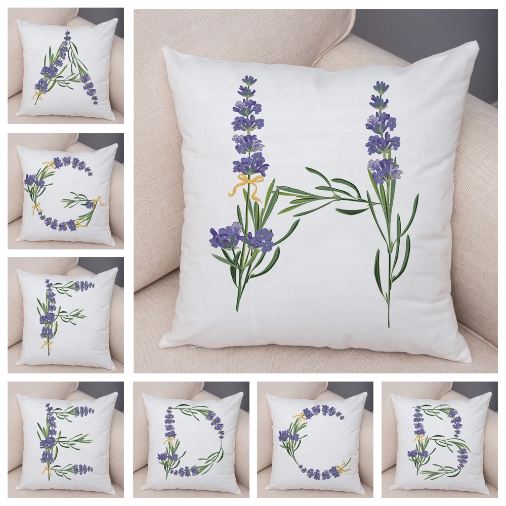 

lavender Letter A-Z Cushion Cover for Sofa Home Car Decor Flower Leaf Pillowcase 45x45cm Pillow Case Soft Plush Pillows Covers