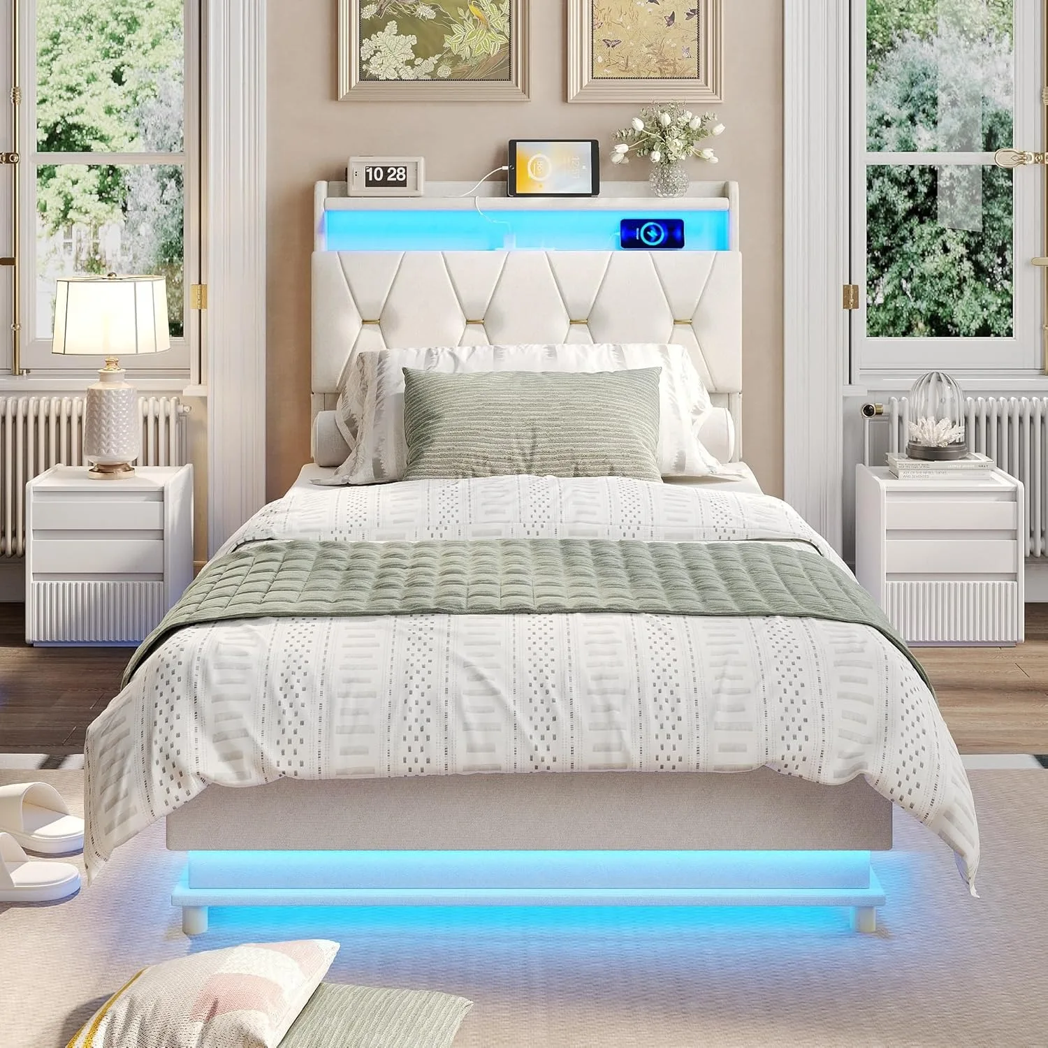 Twin Size Lift Up Bed Frame, Storage Headboard with Charging Station, LED Lights Upholstered Platform Bed, No Box Spring Needed 2