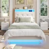 Twin Size Lift Up Bed Frame, Storage Headboard with Charging Station, LED Lights Upholstered Platform Bed, No Box Spring Needed 2