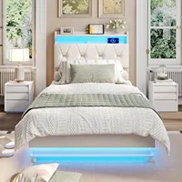 Twin Size Lift Up Bed Frame, Storage Headboard with Charging Station, LED Lights Upholstered Platform Bed, No Box Spring Needed 2