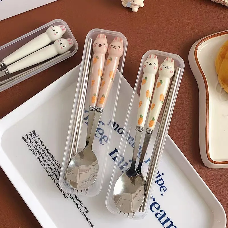Tableware Set Spoon Fork Chopstick Cute Rabbit Student Portable Dinnerware Camping Travel Cutlery Sets with Box