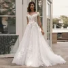 Woman Wedding Dress Customized Cap Sleeve Scoop Neck Lace Applique Sweep Train Illusion Back Buttons Princess Bridal Gown 6