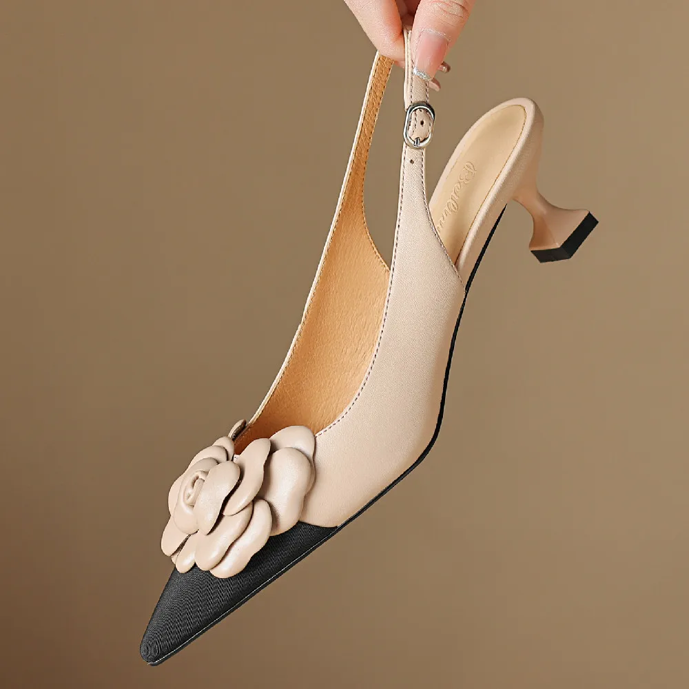 

Women's genuine leather mix color patchwork slingback thin high heel poinnted toe slip-on pumps elegant ladies summer sandals