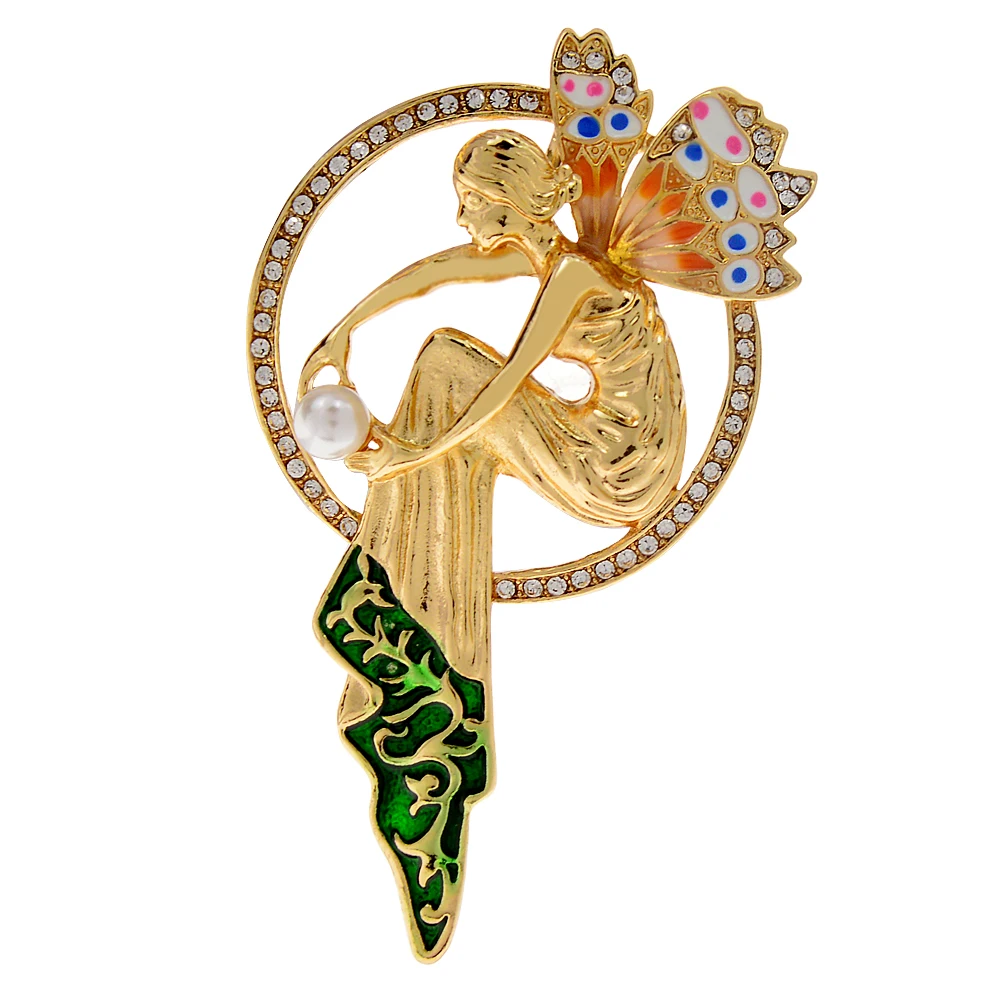 CINDY XIANG Beautiful Fairy Brooches For Women Lady With Wings Pin Gold