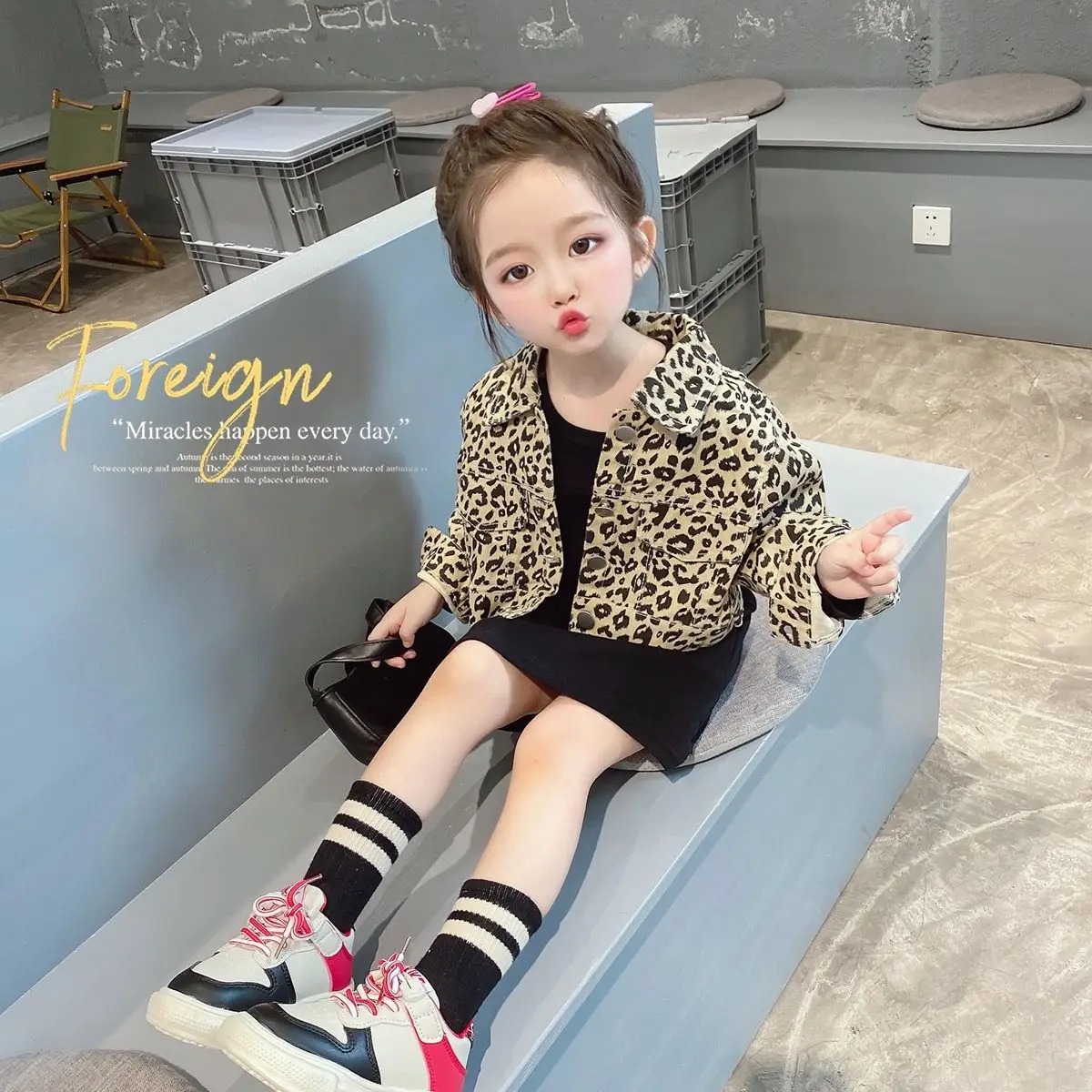 

Leopard Print Coat Suit Girls' Clothing Sets Korean Version Autumn Spring New Baby Long-Sleeved Jacket+Black Dress 2Piece Suit