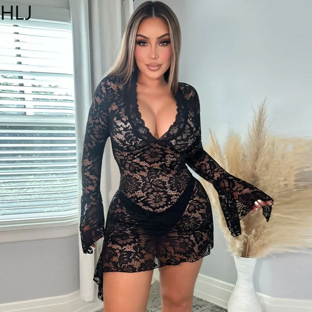 HLJ Sexy Deep V Lace Perspective Irregular Mini Dresses Women Flared Long Sleeve Bodycon Party Club Vestidos Fashion Clothing