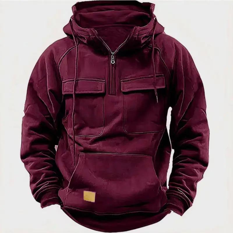 New Autumn-Winter Men's Hooded Solid-Color Casual Hoodie - Fashionable Young Man's Multi-Pocket Patch Hoodie Pullover Shirt - Image 3