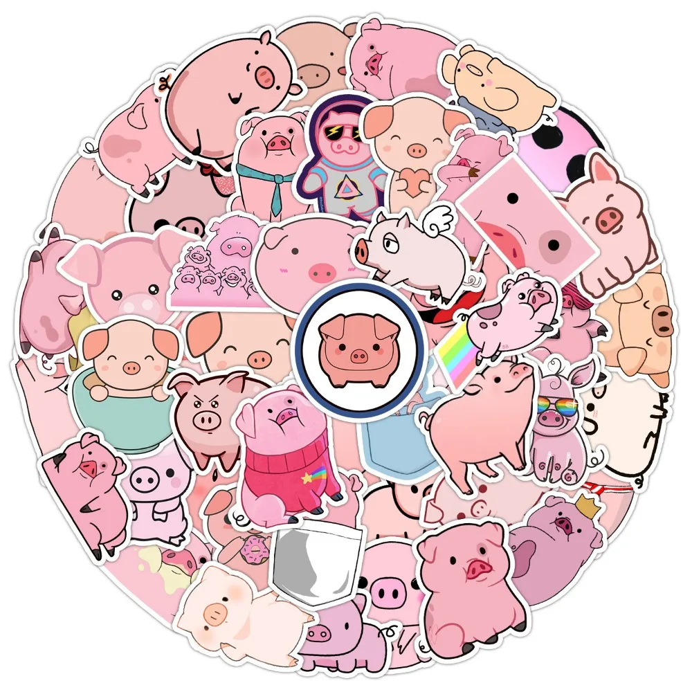 50pcs Cute Cartoon Pig Stickers Lively Pink Little Pig Waterproof Stickers Children's Funny