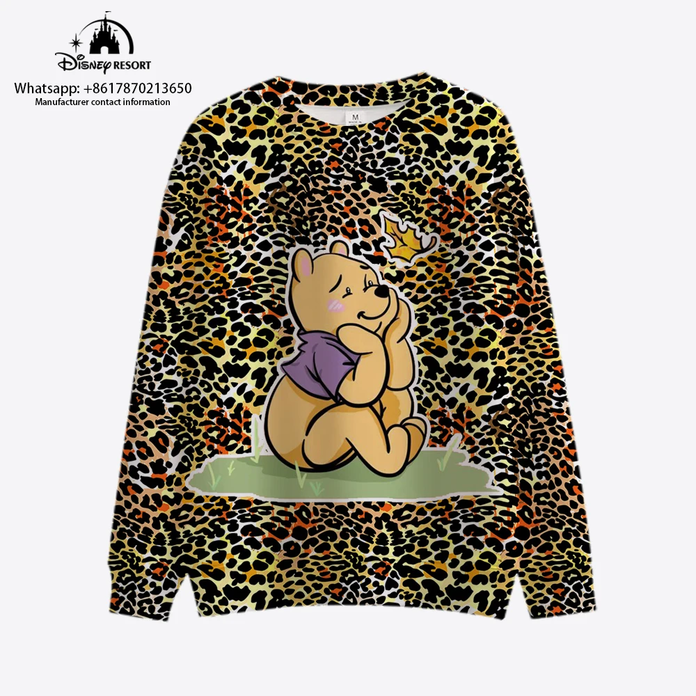 

2022 Autumn New Ladies Leopard Print Fashion Casual Round Neck Long Sleeve Kids Pullover Disney Brand Winnie the Pooh Anime Tops
