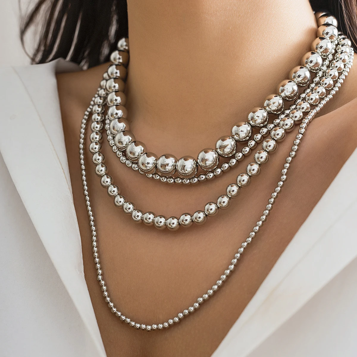 Exaggerated Multilayer Silver Color Big Beads Necklace for Women Luxury Punk Acrylic CCB Long Chokers Wedding Party Neck Jewelry