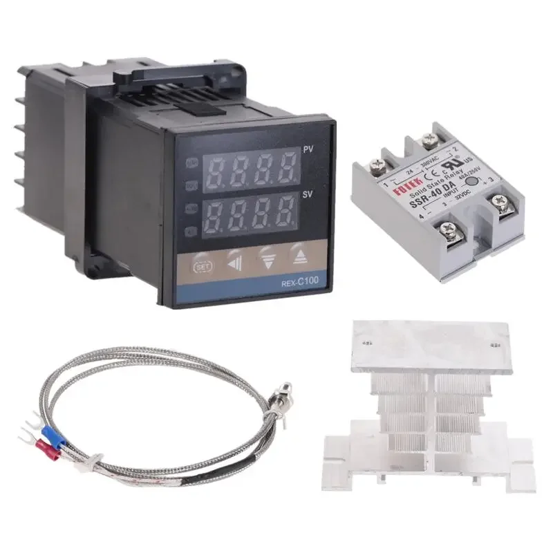 PID REX-C100 온도 컨트롤러 범위, 100-240VAC, 0-900C SSR40A K 열전대, PID 컨트롤러 세트 및 방열판