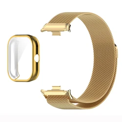 Metal Strap with TPU Case & Screen Protector - Soft Milanese Magnetic Loop Watchband for Redmi Watch 5 (Gold with case)