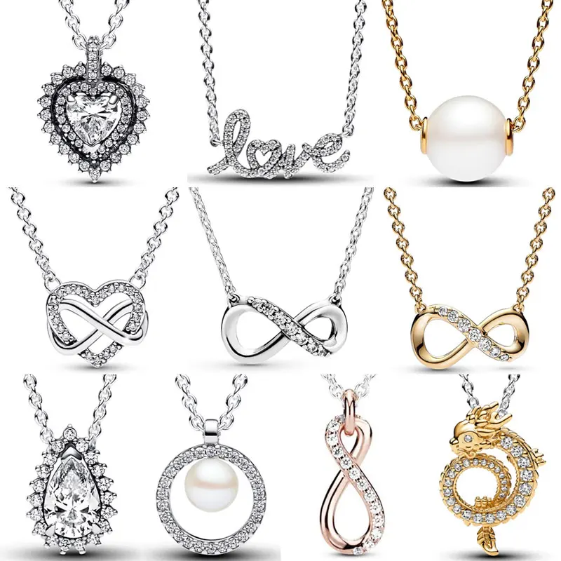 Sparkling Infinity Heart Pear Halo Collana Con Ciondolo Di Perle D'Amore Scritta A Mano Per Gioielli Di Fascino Di Perline In Argento Sterling 925 Di 