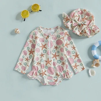 Costume da bagno Rash Guard per bambina con cappello Set da 2 pezzi Conchiglia Stella marina Fiore Cerniera Manica lunga Girocollo Costumi da bagno per bambina 1