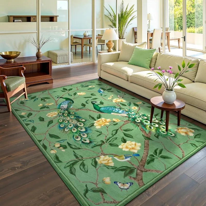 Modern Art Living Room Carpet Floral Bird Peacock Motif Machine Washable Non-slip Bedroom Rug Creative Cloakroom Plush Mat Tapis