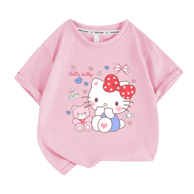 Vestido de quimono Sanrio Hello Kitty, roupa infantil kawaii, manga curta,  desenho animado bonito, camiseta estampada em arco, saia para menina, verão