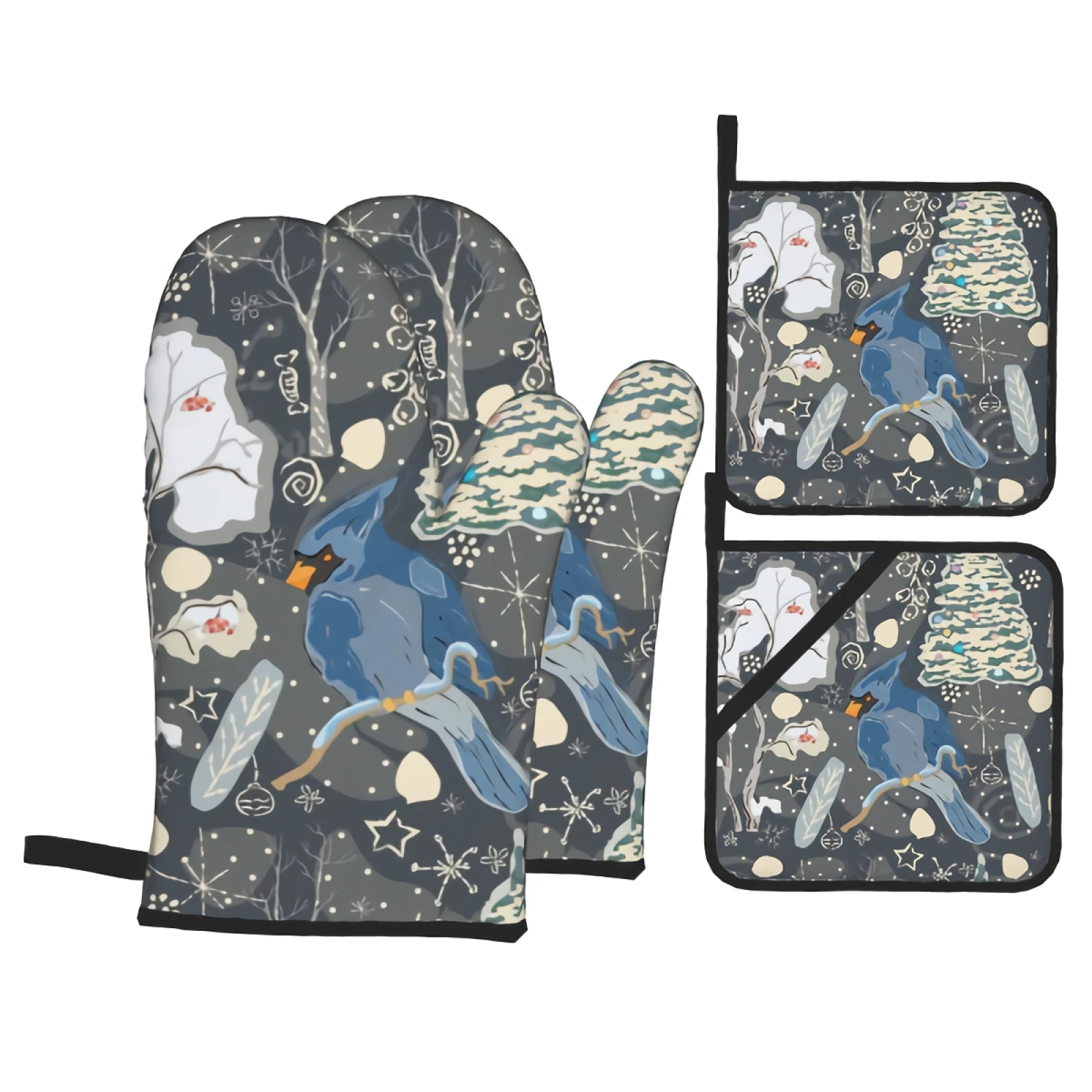

Christmas winter Oven Mitts and Pot Holders Sets Funny Printed Oven Gloves for Safe BBQ Cooking Baking Grilling Set of 4