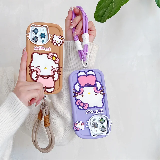For iPhone 16 15 14 13 12 11 Pro Max X XR Xs Max 6 7 8 3D Cartoon Hello Kitty Silicone Phone Case With Wrist Strap Cute Cover 5