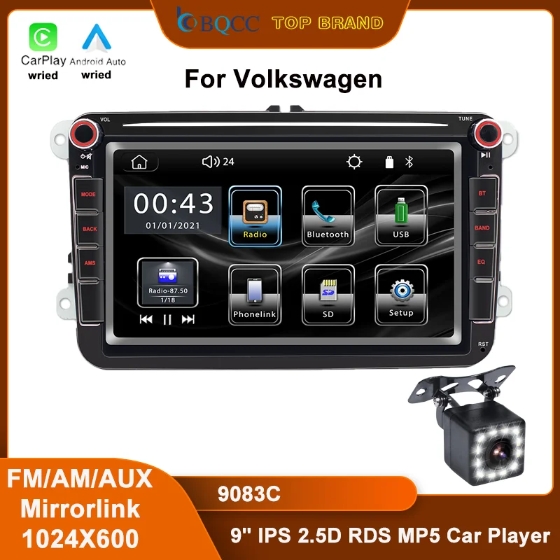 BQCC For Volkswagen 9" IPS Car MP5 Player AUX FM AM Mirrorlink Car Radio USB BT Wired Carplay Android Auto Vehicle Player 9083C