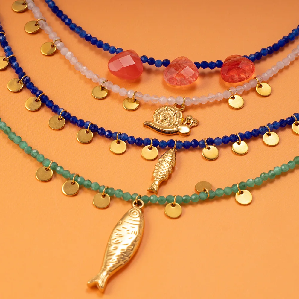 Stainless Steel Natural Stone Short Neckalce with Small Fish Pendant Exquisitely Handmade Beads Snail Collar Jewelry Party Gifts