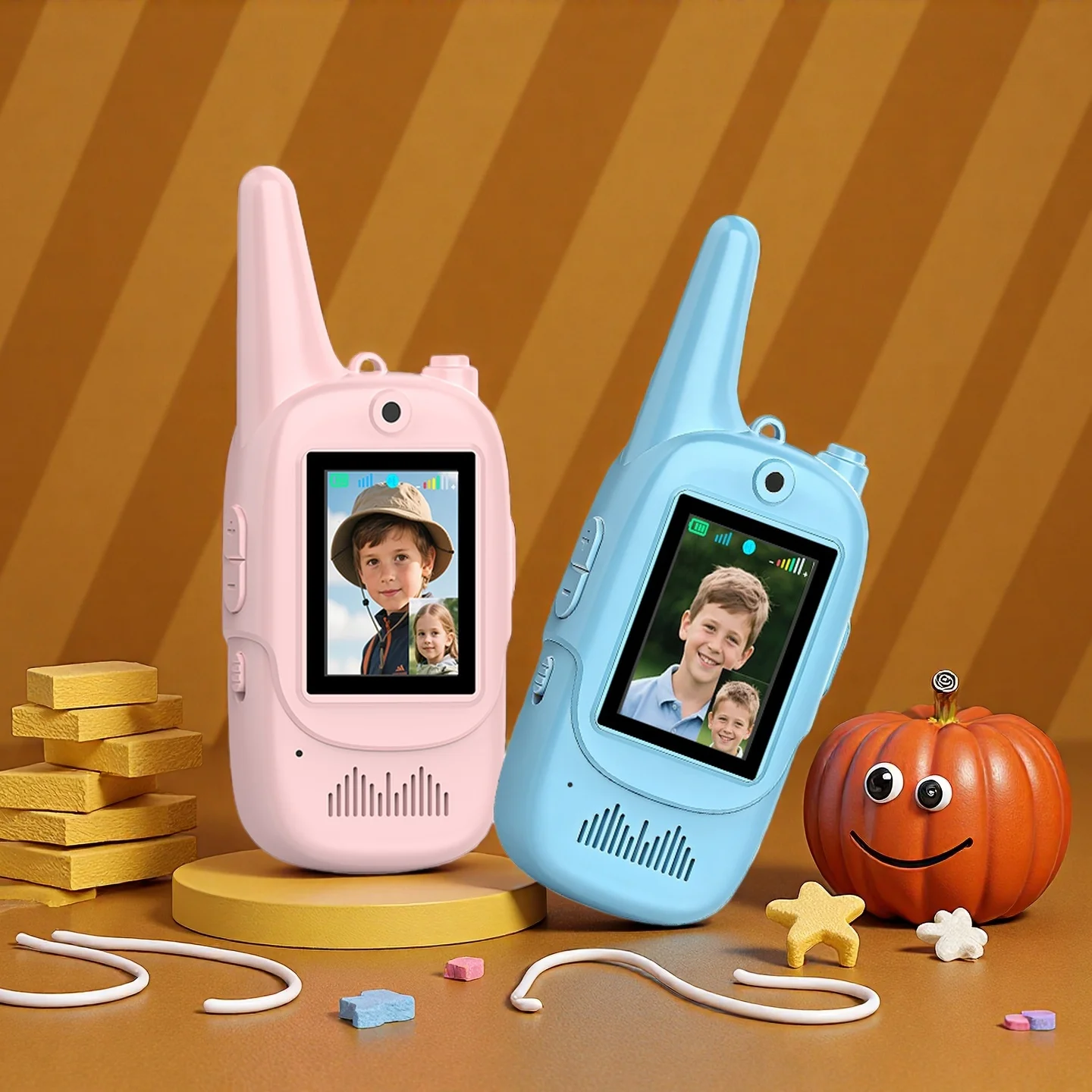 어린이용 비디오 워키토키: HD 카메라와 음성 변조 기능이 있는 2팩 충전식 용 장난감, 장거리 통신 선물용 장난감