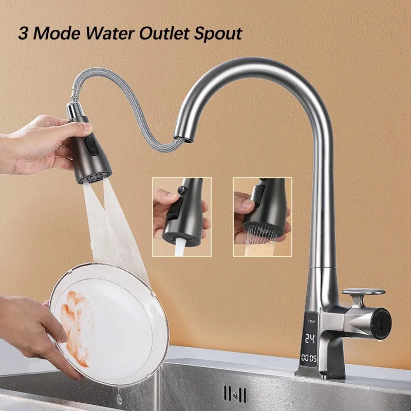 Kitchen Sink Intelligent Sensor Digital Display Pull-Out Faucet Non-Contact Switch Cold And Hot Three-Mode Outlet Basin Faucet